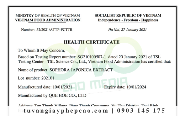 Xin giấy chứng nhận health certificate sản phẩm trà
